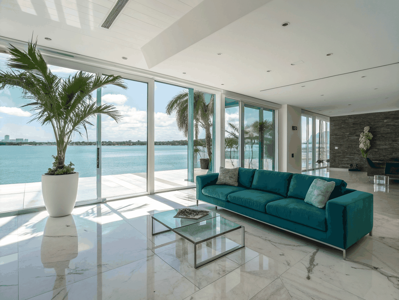 Bright interior living area of a modern Miami waterfront home