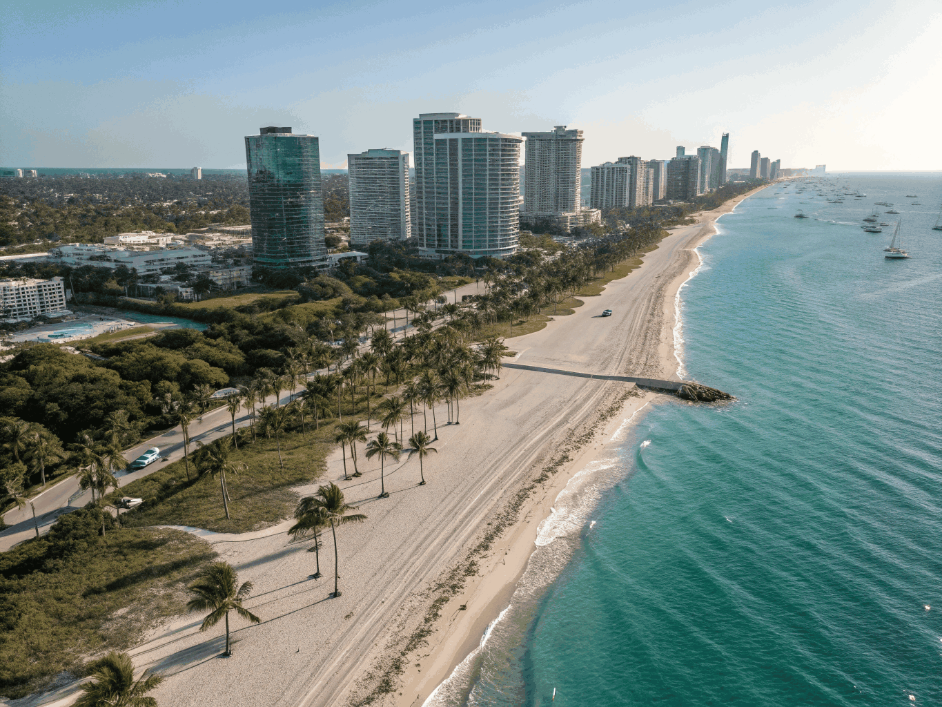 Aerial architectural view of Miami Biscayne Bay and coastal skyline