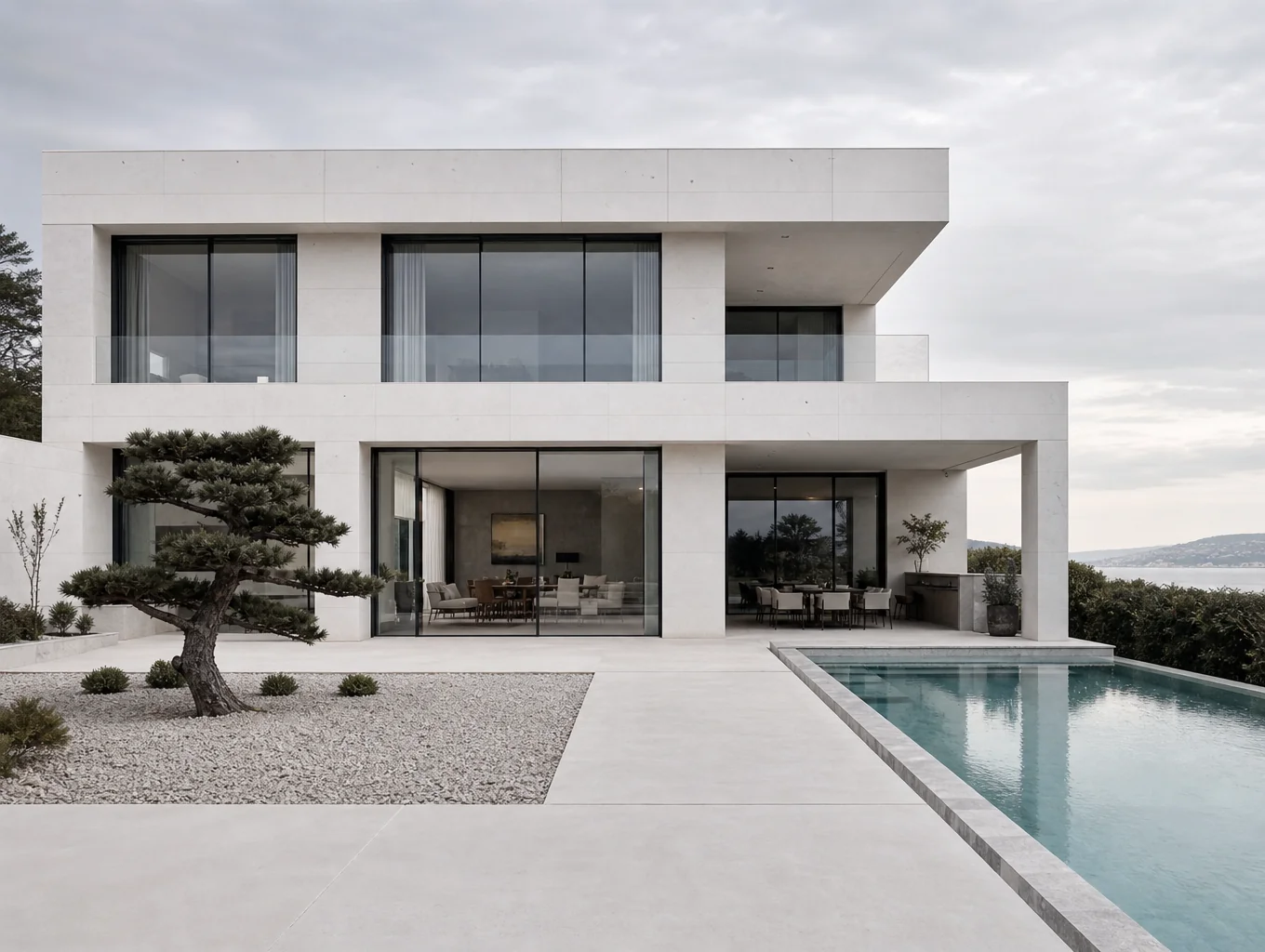 Documentary architectural photograph of Pinecrest deep-lot modernist pavilion home