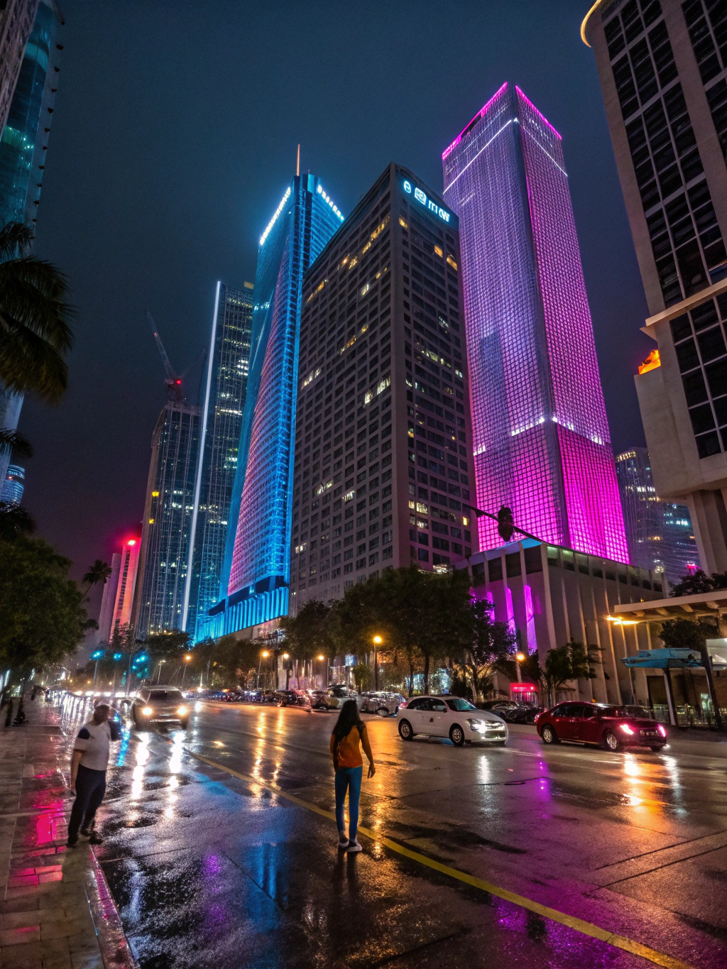 Contemporary pedestrian streetscape and architecture at Miami Worldcenter in Downtown Miami