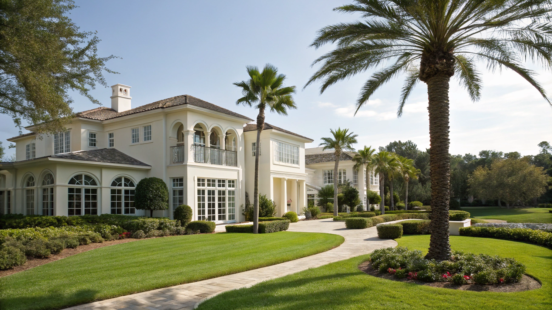 Documentary architectural photograph of Ponce-Davis gated estate residence with mature landscaping
